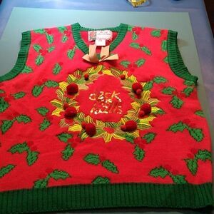 Ugly Christmas Sweater Vest Women's Large Deck the Halls Gold Ribbon